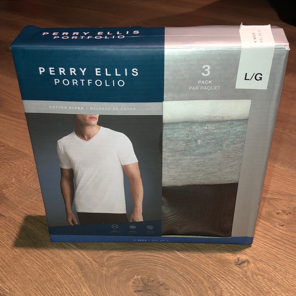 PERRY ELLIS | MENS COTTON BLEND V NECK T SHIRTS | TAGLESS 3-PACK | SIZE: LG